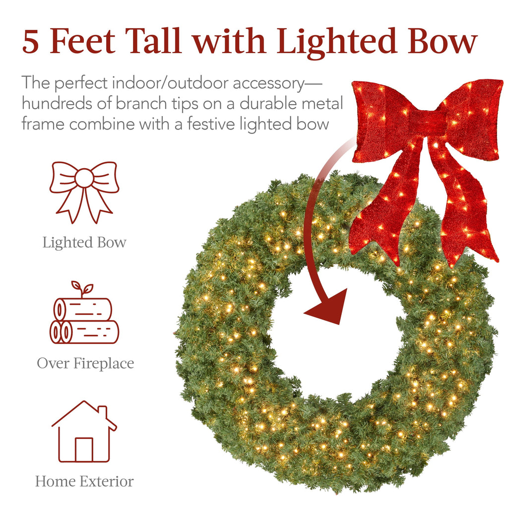 Best Choice Products 48in Artificial Pre-Lit Fir Christmas Wreath Decor w/ Red Bow, 250 LED Lights, 714 Tips, Plug-In