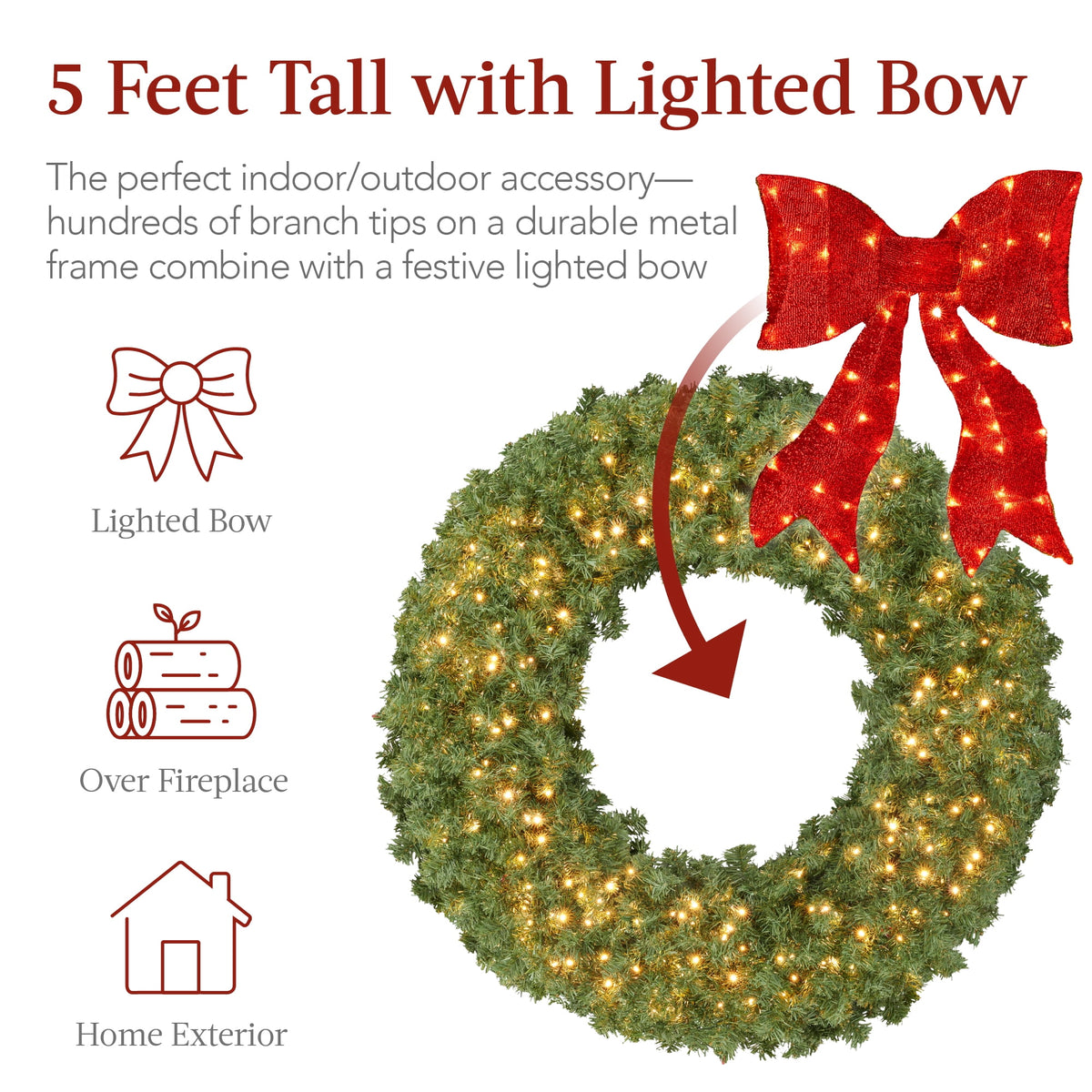 Best Choice Products 48in Artificial Pre-Lit Fir Christmas Wreath Decor w/ Red Bow, 250 LED Lights, 714 Tips, Plug-In