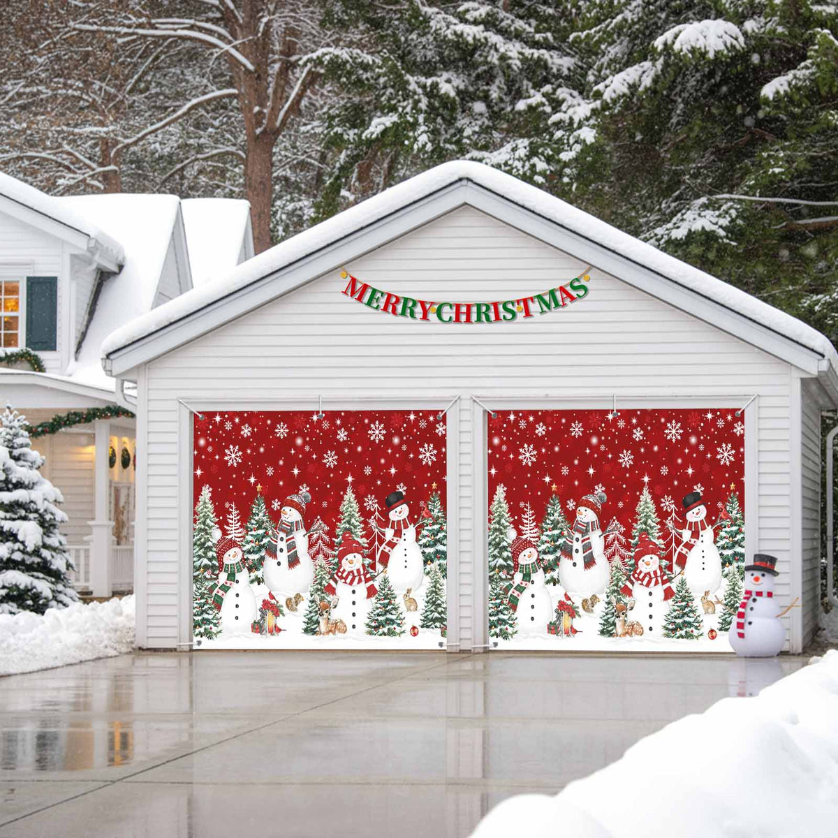 Fsddascl 7 x 16 Ft Christmas Garage Door Cover, Black Christmas Tree Large Garage Door Banner, Xmas Snowflake Green Golden Hanging Garage Mural Background for Indoor Outdoor Xmas Party Supplies