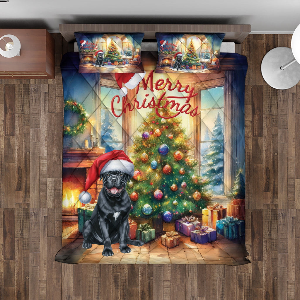 Merry Christmas French Bulldog Santa Hat Xmas Tree Winter Holiday Quilt Bedding Set Dog Lover Gifts 1 Blanket Bed Cover 2 Pillowcases - 01013