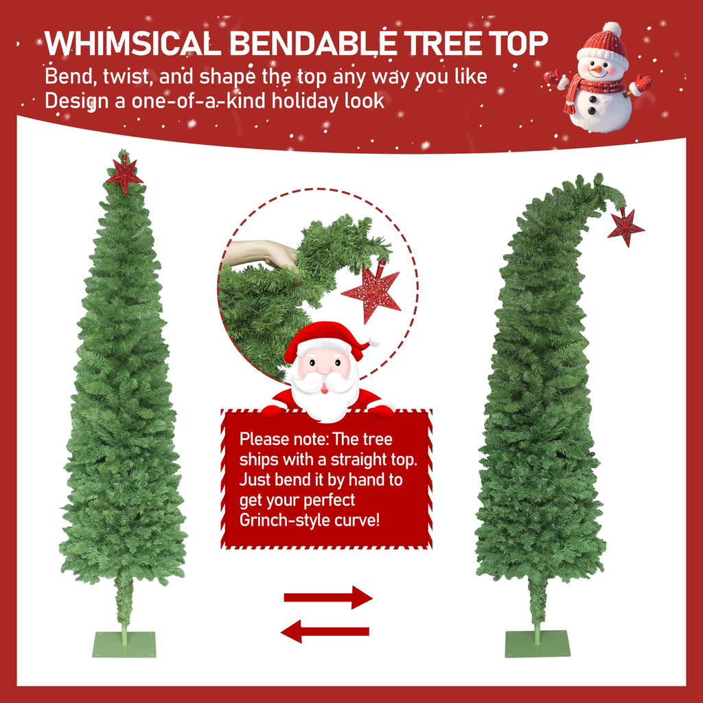 VEIKOUS 6ft Christmas Tree Crooked Neck with Topper, Prelit Xmas Tree with 200 LED Lights & 536 Branch Tips, Bendable Top Christmas Slim Tree for Holiday Decor, Green
