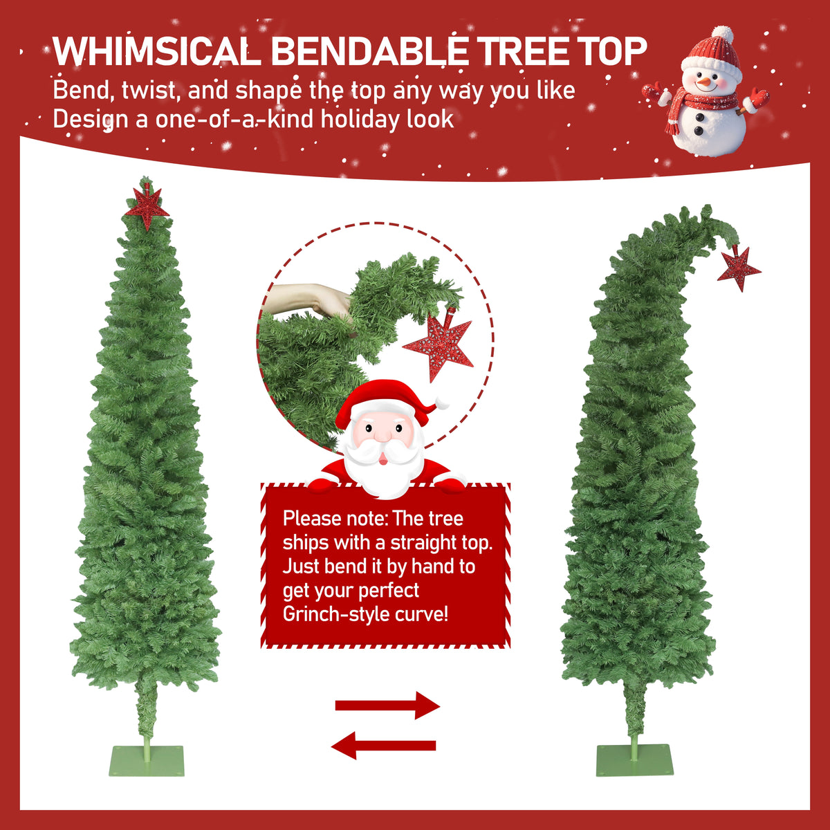 VEIKOUS 6ft Christmas Tree Crooked Neck with Topper, Prelit Xmas Tree with 200 LED Lights & 536 Branch Tips, Bendable Top Christmas Slim Tree for Holiday Decor, Green