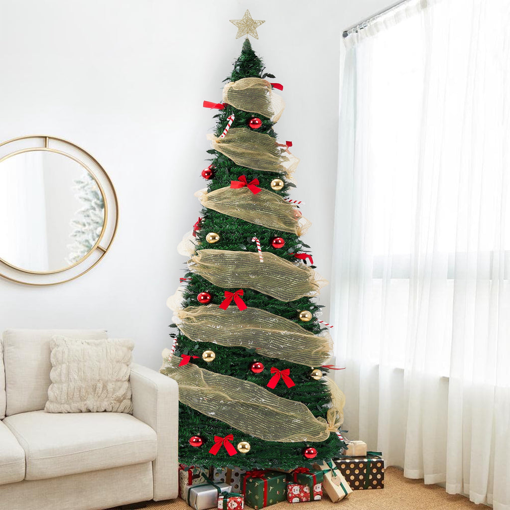 Yexmas 7.5FT Pop-Up Artificial Christmas Tree with 300LED Lights,Green Prelit Christmas Tree with Foldable Base