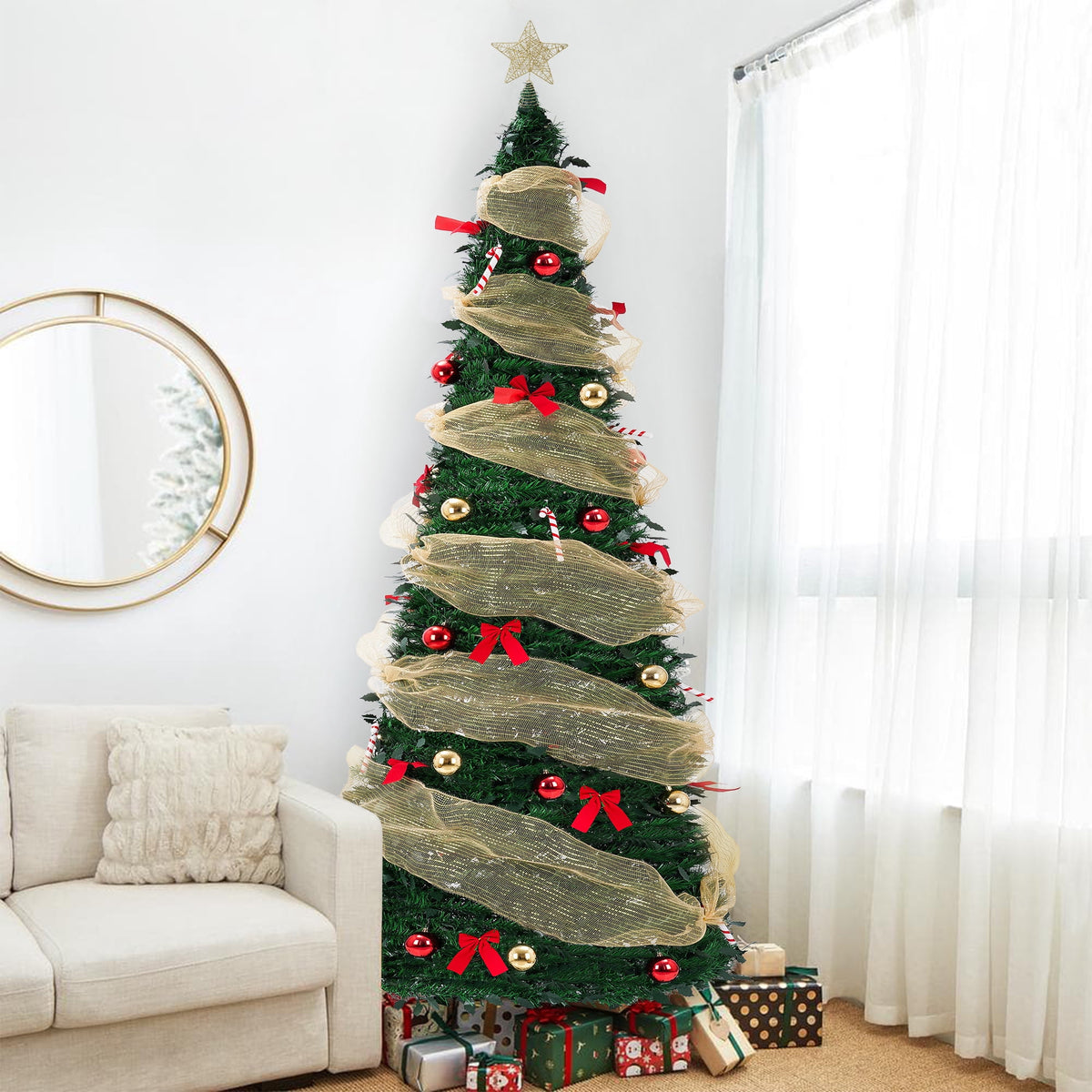 Yexmas 7.5FT Pop-Up Artificial Christmas Tree with 300LED Lights,Green Prelit Christmas Tree with Foldable Base
