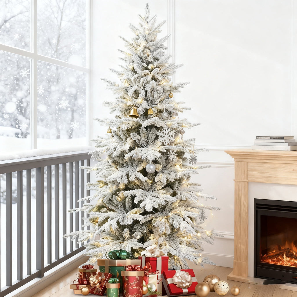 Makeatree 6 ft Prelit Snow Flocked Christmas Tree Frosted Artificial Xmas Tree with Multicolor Lights &1582PE PVC Tips, 9 Color Modes