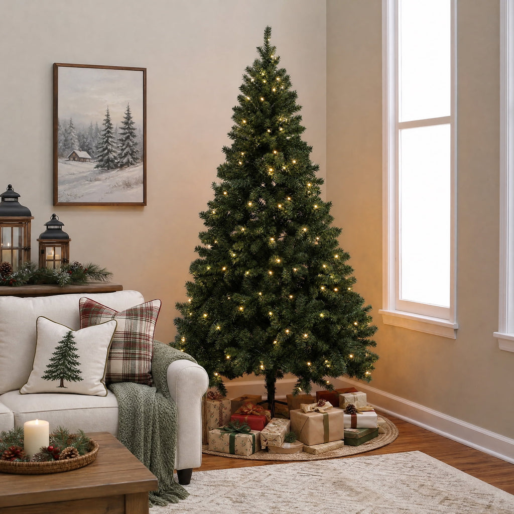 DAYBETTER 8ft Artificial Christmas Tree, 500 Warm White Lights & 1335 Branch Tips, Includes Metal Stand, Indoor/Outdoor Xmas Holiday Decor