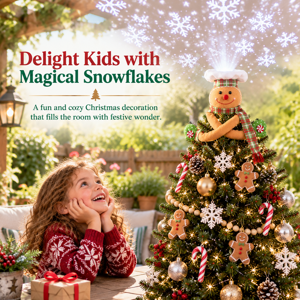 Gingerbread Man Christmas Tree Topper with Rotating LED Snowflake Projector, Green White
