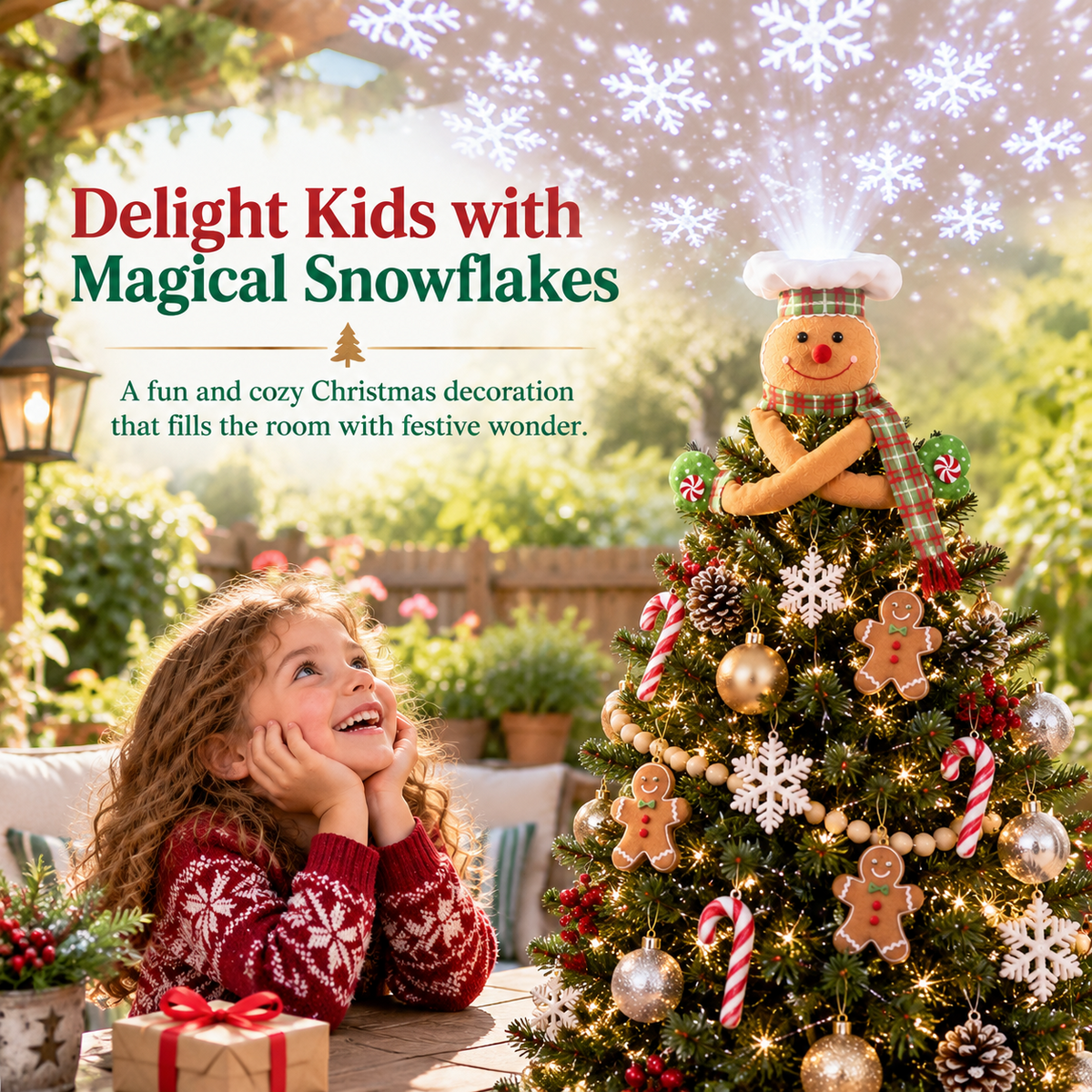 Gingerbread Man Christmas Tree Topper with Rotating LED Snowflake Projector, Green White