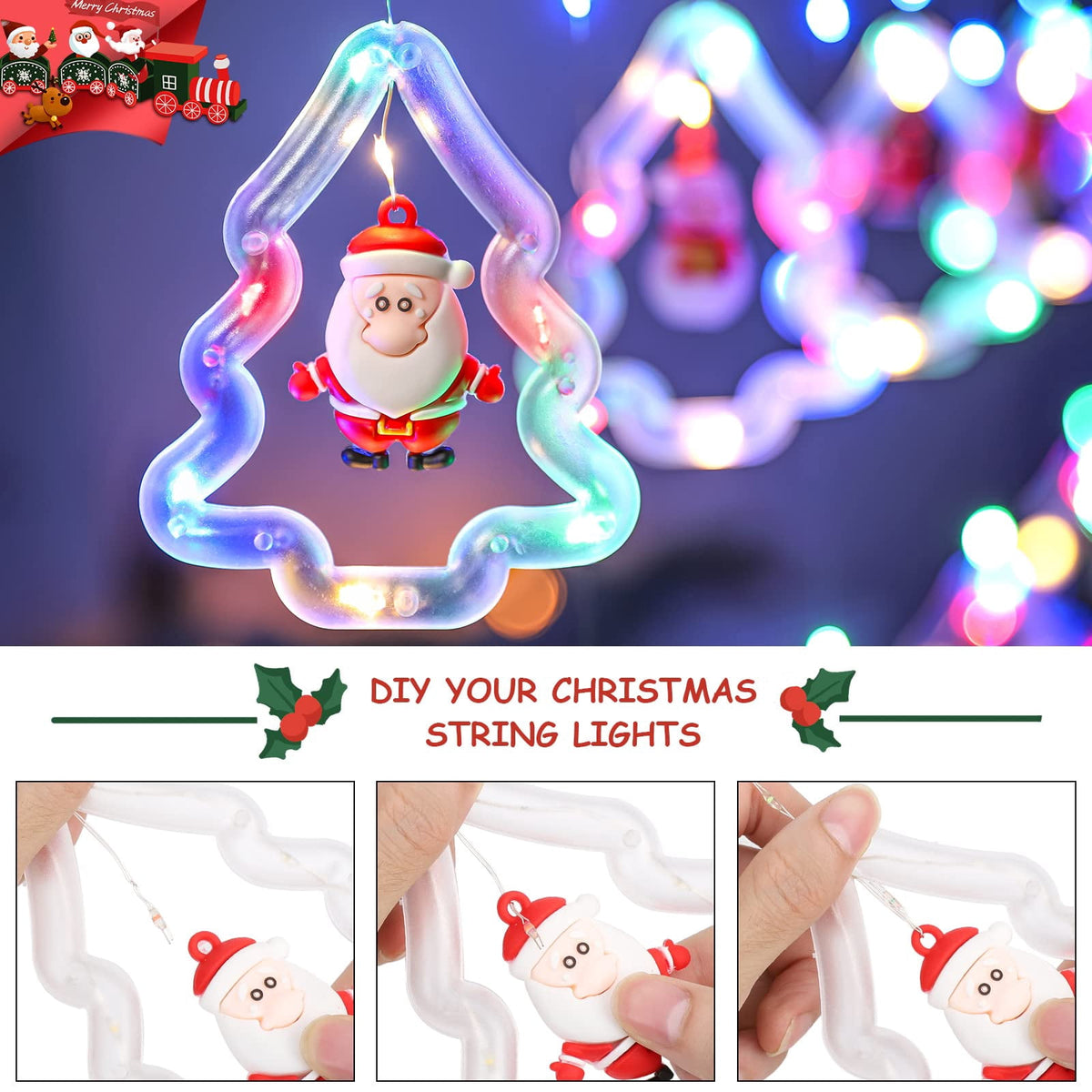 WILLED Christmas String Lights, 120 LED Window Curtain Lights with Christmas Ornaments, 9.8ft USB Powered Warm White Waterproof Fairy Lights Indoor Outdoor for Xmas Tree Patio Garden Party Home Decor