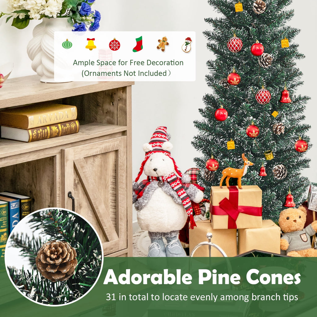 Topbuy 5FT Slim Pencil Tree Snowy Artificial Christmas Tree with 214 PVC Branch Tips & 25 Pine Cones Full Holiday Decoration Tree for Xmas