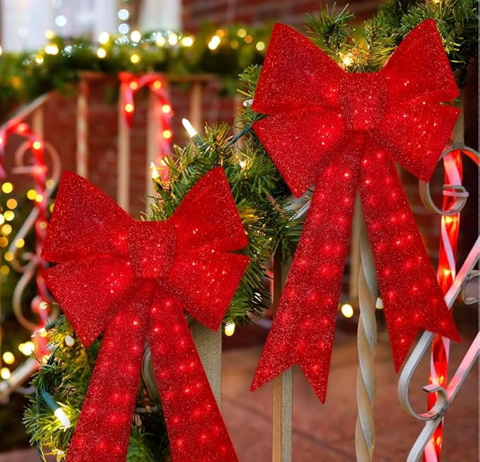 40 Inch Lighted Glitter Red Christmas Bow, 99 LED Decorative Bow for Wreath & Tree Topper, Indoor Outdoor Holiday Party Decoration