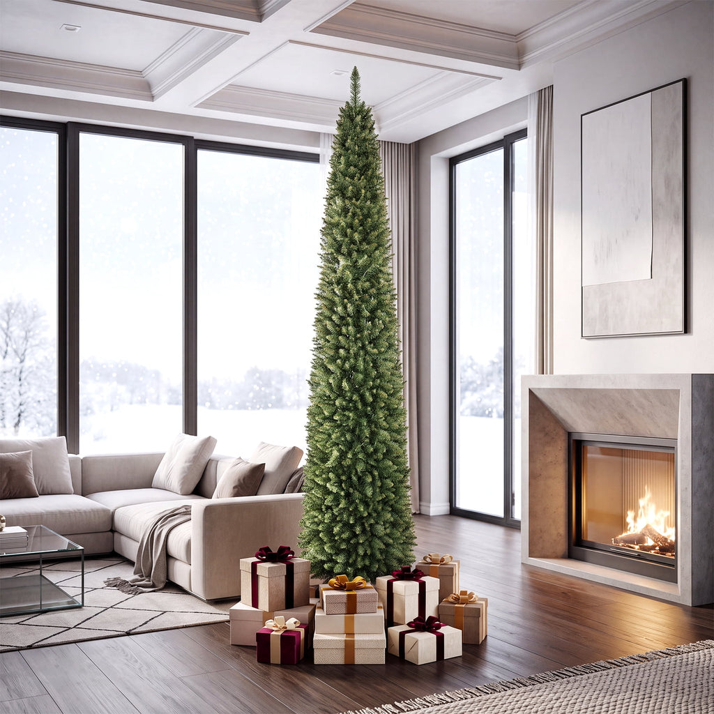 Gymax 9 FT Pre-Lit Artificial Christmas Tree Realistic Slim Pencil Xmas Tree