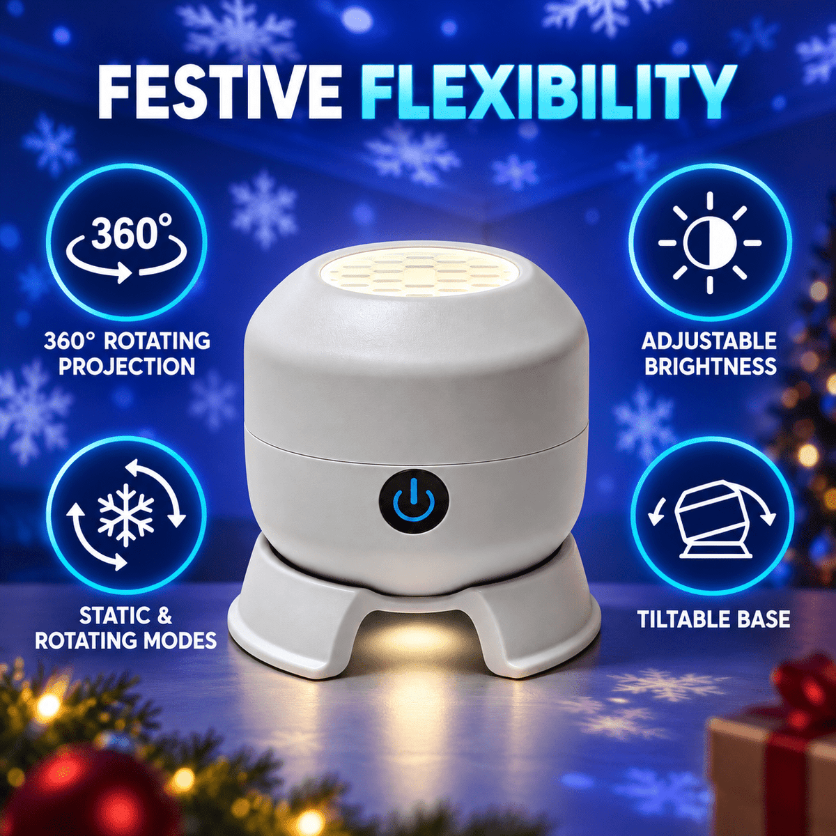 Christmas Projector Indoor, 360° Rotating Snowman Reindeer Snowflake Light with Adjustable Brightness, 5D Holographic Lamp for Holiday Decor, Bedroom, Kids Room