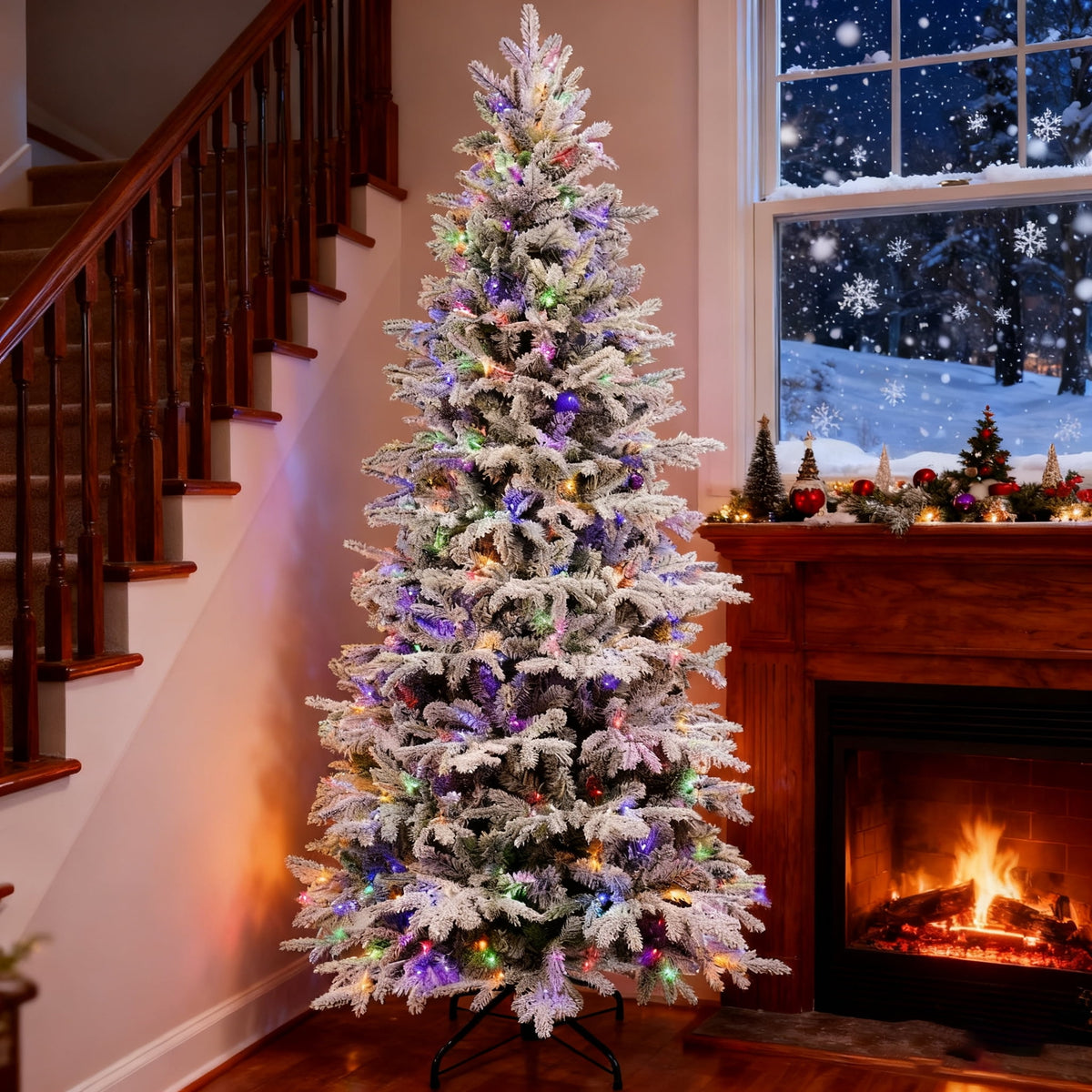 Makeatree 6 ft Prelit Snow Flocked Christmas Tree Frosted Artificial Xmas Tree with Multicolor Lights &1582PE PVC Tips, 9 Color Modes