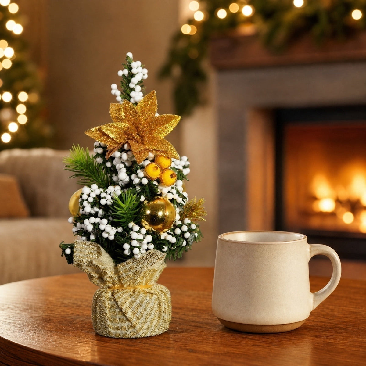 Surpdew Mini Christmas Tree Table Top Decorations- 9" Artificial Small Pine Trees with Burlap Base on Desktop, Shelves, Bedroom, Miniature Scenes Xmas for Home, Office, Party Decor