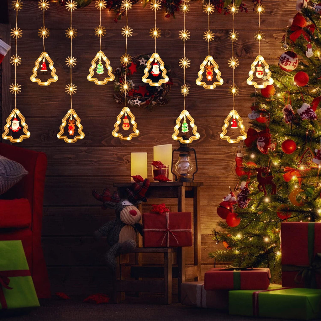 WILLED Christmas String Lights, 120 LED Window Curtain Lights with Christmas Ornaments, 9.8ft USB Powered Warm White Waterproof Fairy Lights Indoor Outdoor for Xmas Tree Patio Garden Party Home Decor