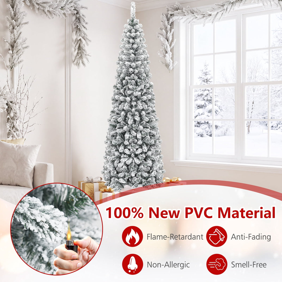 Costway 7.5 FT Unlit Flocked Pencil Christmas Tree Hinged with 641 Branch Tips