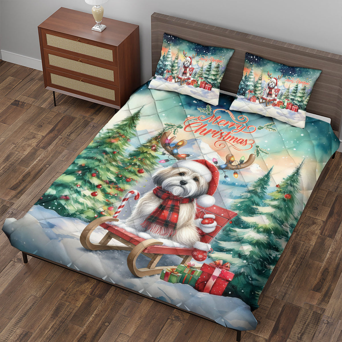 Merry Christmas Santa Reindeer Antlers French Bulldog Sleigh Xmas Winter Holiday Quilt Bedding Set Dog Lover Gifts 1 Blanket Bed Cover 2 Pillowcases - 00023
