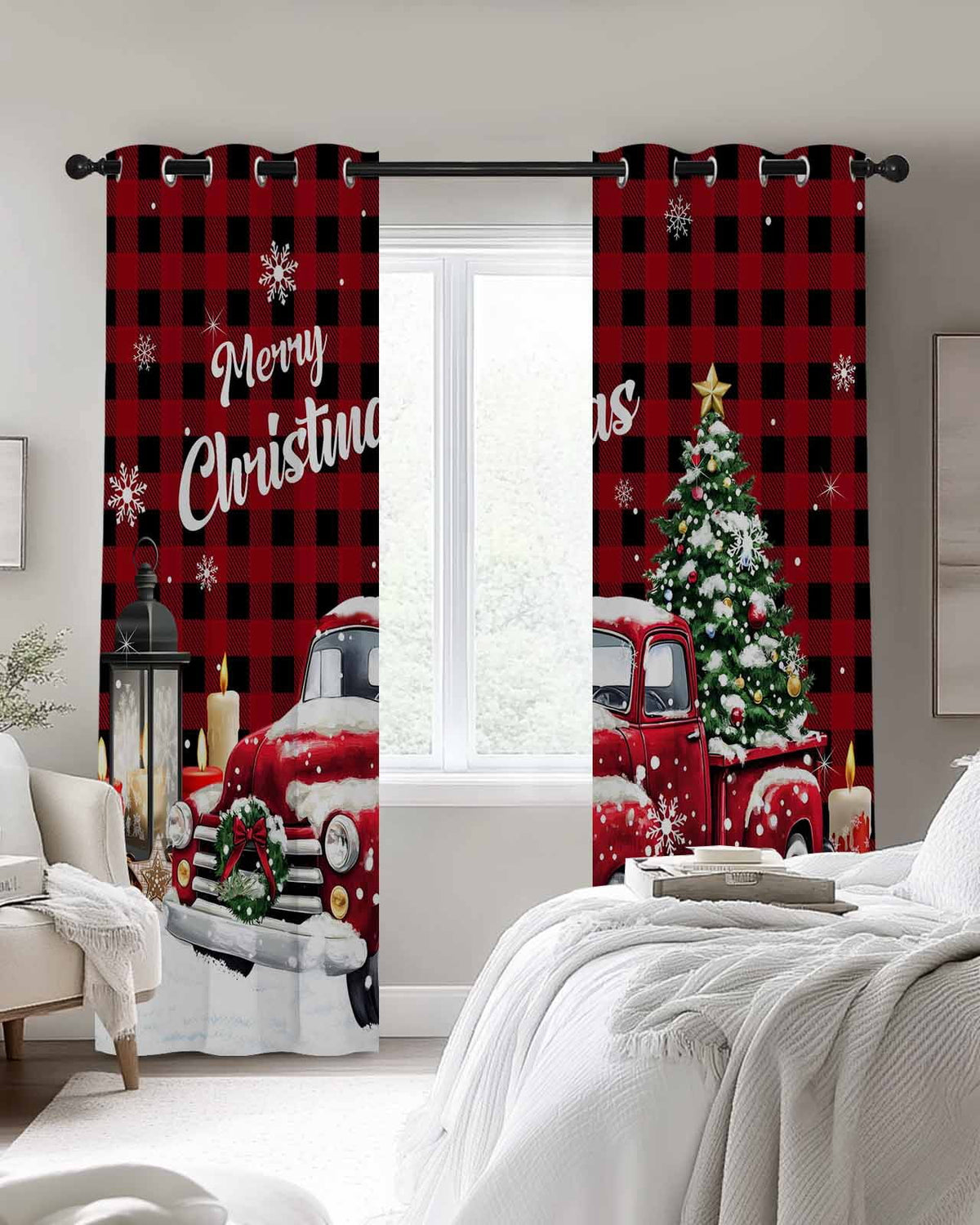 Red Truck Christmas Blackout Curtains 63 Inches Long for Bedroom,Xmas Tree Snowflake Gifts Winter Wooden Thermal Insulated Room Darkening Black Out Window Curtain Panels Grommet Living Room Drapes