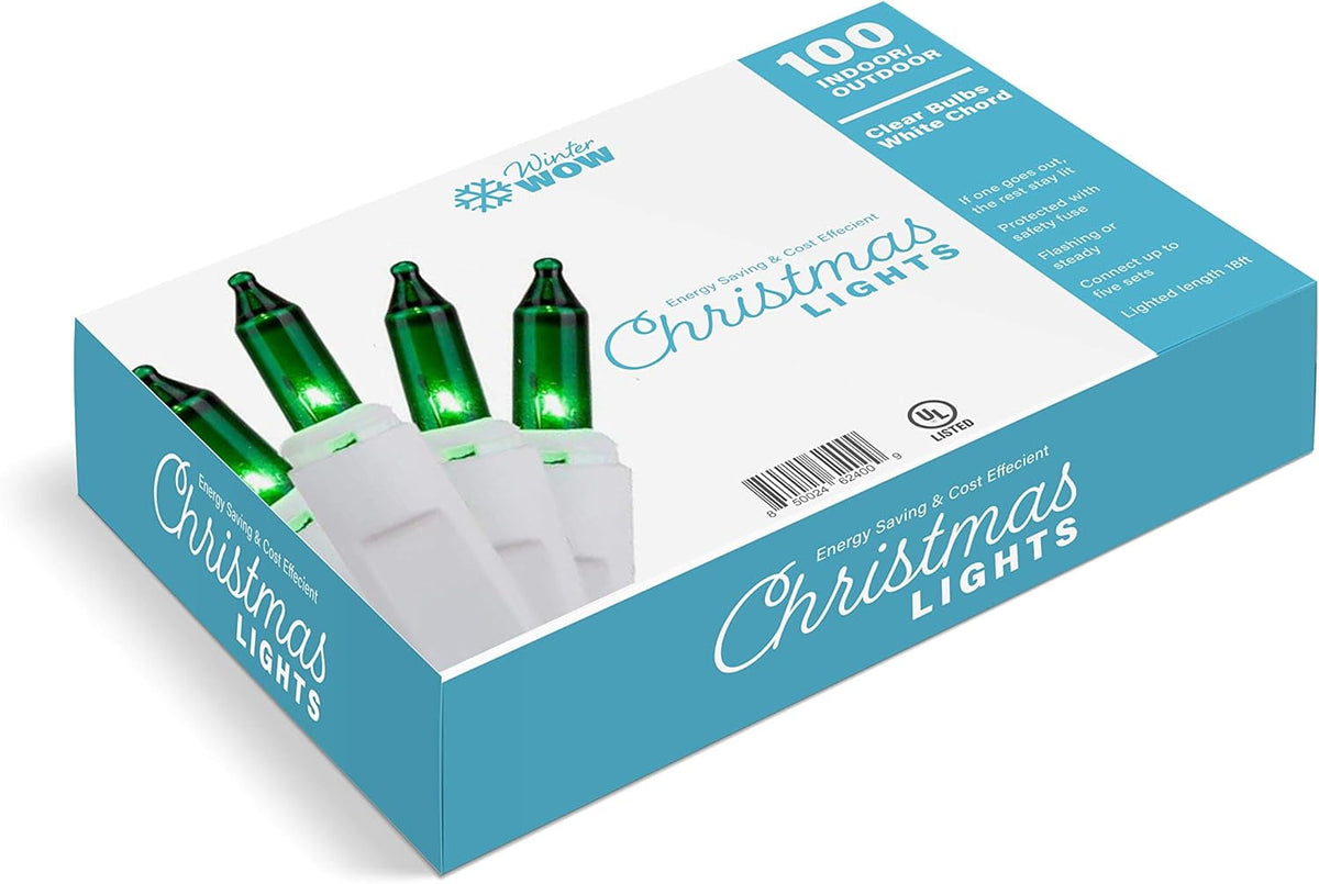 WinterWow Christmas String Lights - 100 Count, 20 Ft White Wire, Indoor/Outdoor, Incandescent