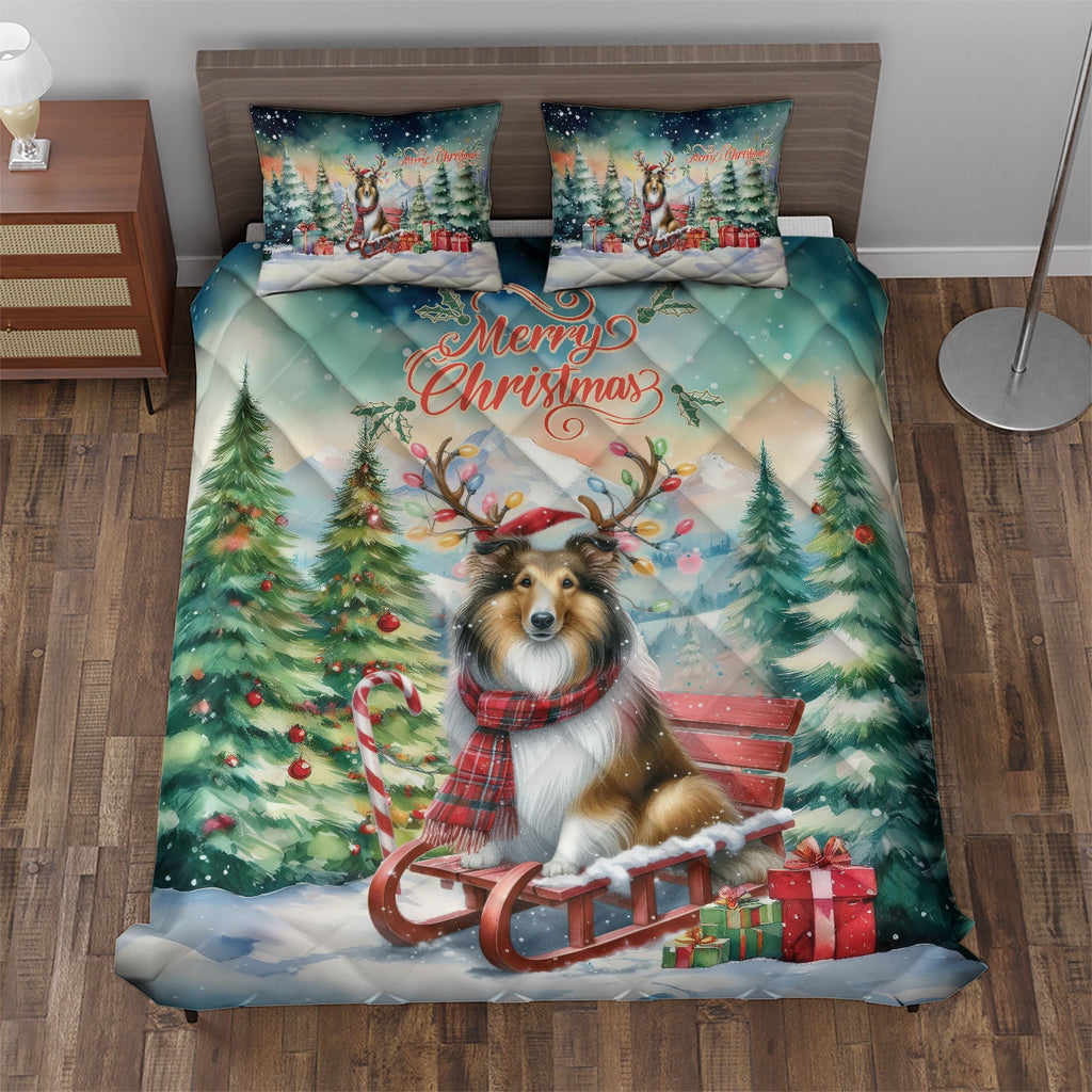 Merry Christmas Santa Reindeer Antlers French Bulldog Sleigh Xmas Winter Holiday Quilt Bedding Set Dog Lover Gifts 1 Blanket Bed Cover 2 Pillowcases - 00023