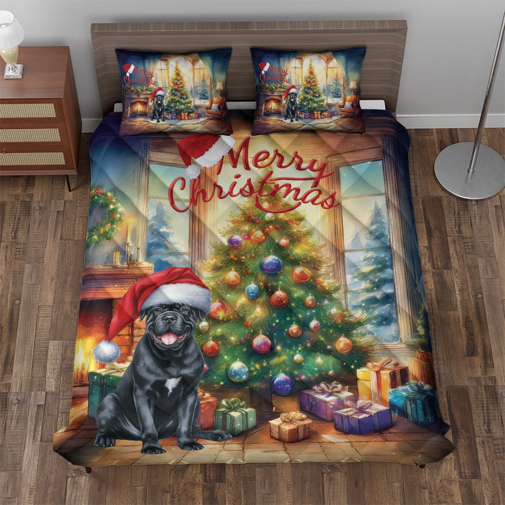 Merry Christmas French Bulldog Santa Hat Xmas Tree Winter Holiday Quilt Bedding Set Dog Lover Gifts 1 Blanket Bed Cover 2 Pillowcases - 01013