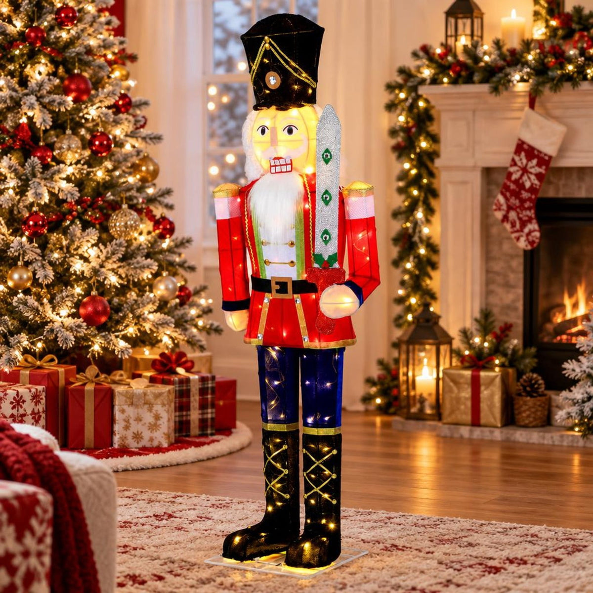 RUIE Lighted Christmas Nutcracker, 5 ft Outdoor Holiday Figure with 100 Warm White LED Lights, Glitter Sword, Metal Frame and Long Cord