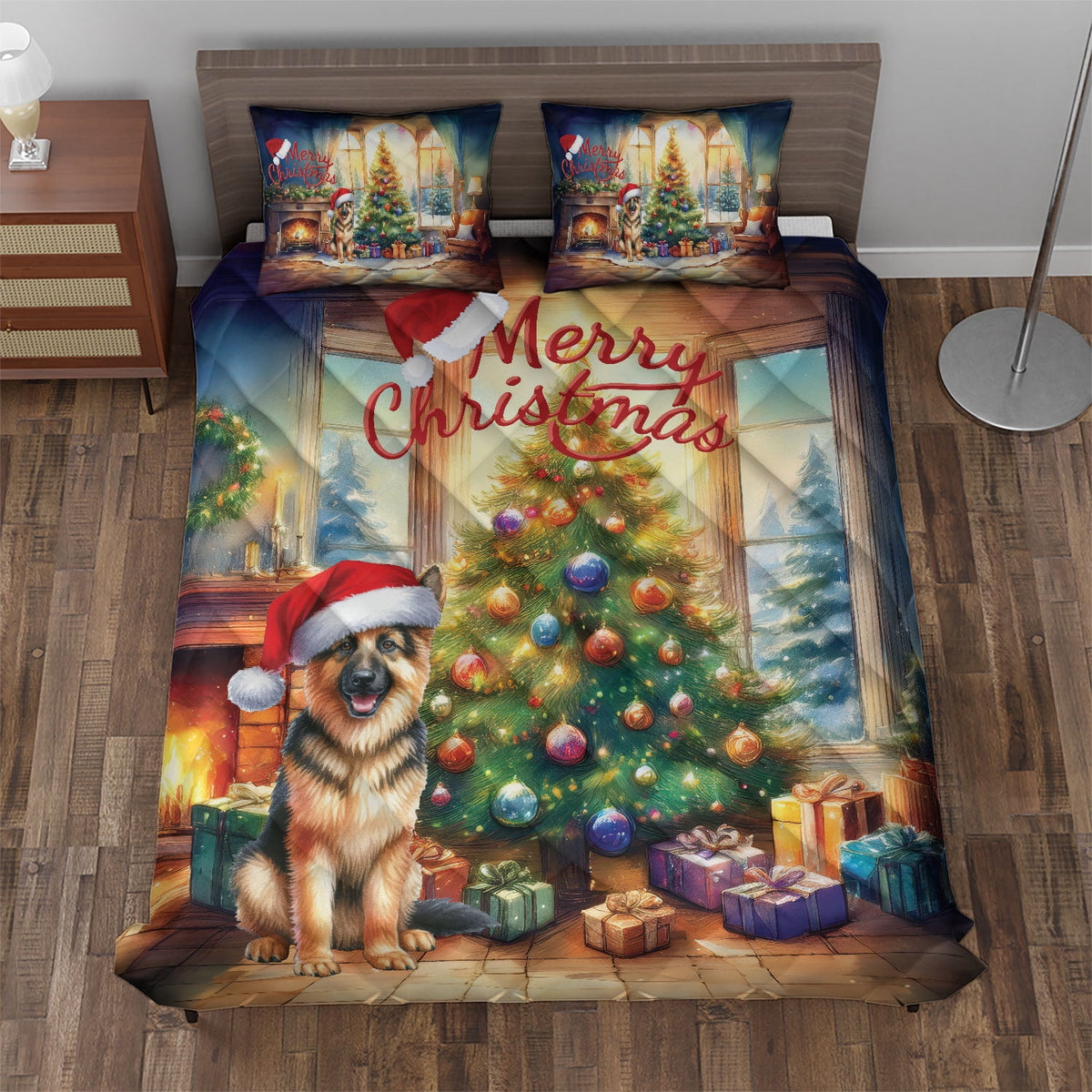 Merry Christmas French Bulldog Santa Hat Xmas Tree Winter Holiday Quilt Bedding Set Dog Lover Gifts 1 Blanket Bed Cover 2 Pillowcases - 01013