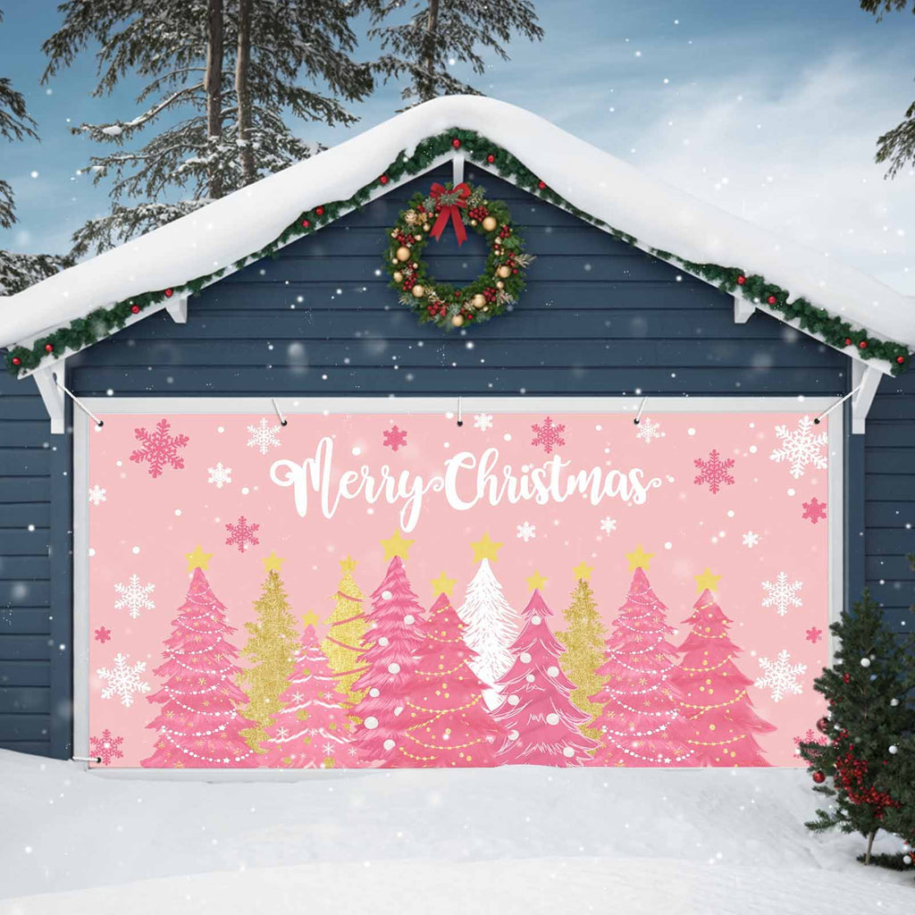 Fsddascl 7 x 16 Ft Christmas Garage Door Cover, Black Christmas Tree Large Garage Door Banner, Xmas Snowflake Green Golden Hanging Garage Mural Background for Indoor Outdoor Xmas Party Supplies