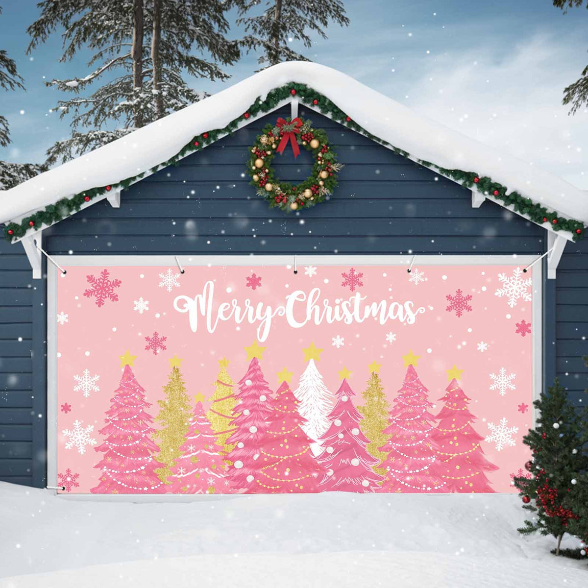 Fsddascl 7 x 16 Ft Christmas Garage Door Cover, Black Christmas Tree Large Garage Door Banner, Xmas Snowflake Green Golden Hanging Garage Mural Background for Indoor Outdoor Xmas Party Supplies