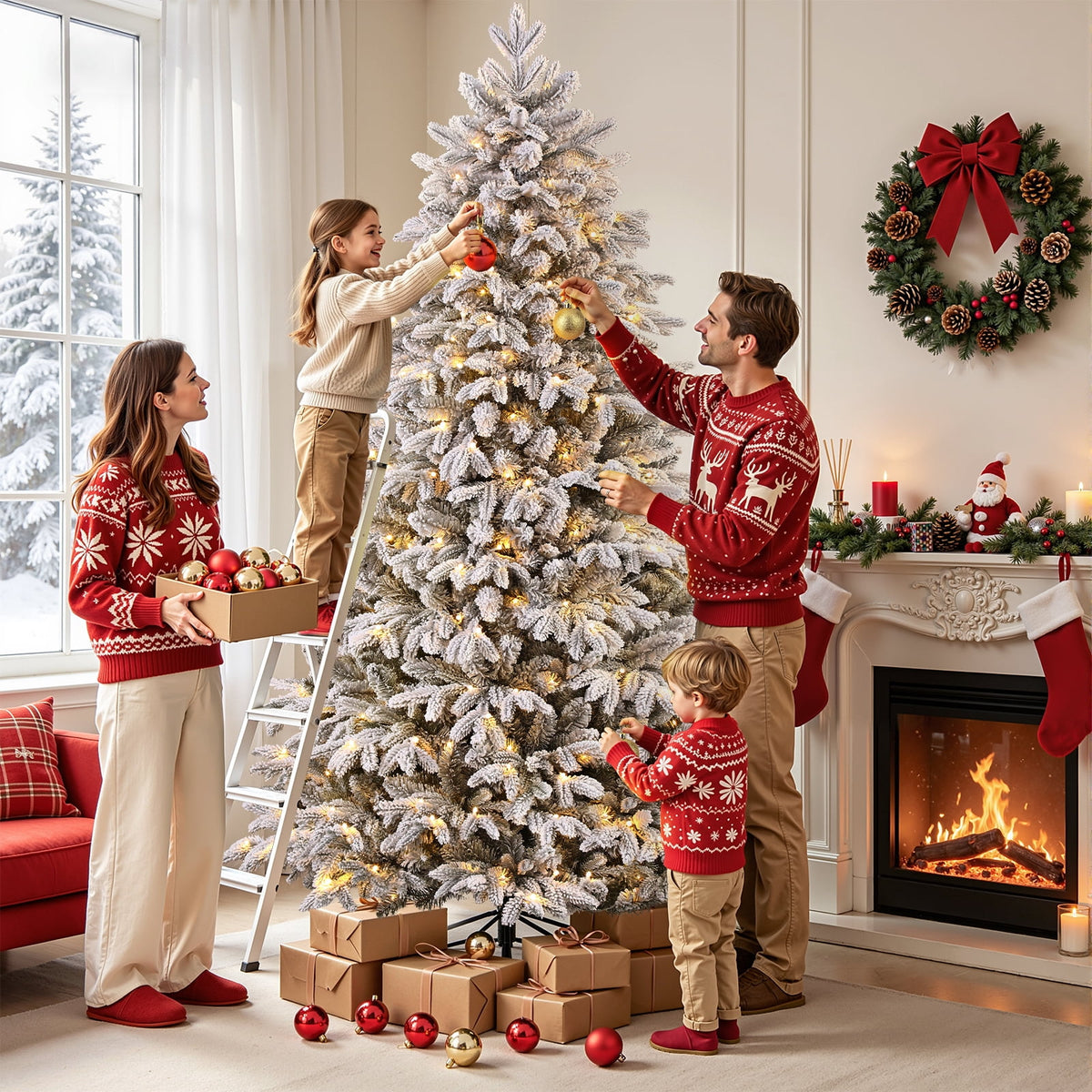 Lolsea 7ft Prelit Flocked Modern Luxury Cedar Christmas Tree with Realistic PE Foliage, Warm White & Multi-Color Lights and Remote Control