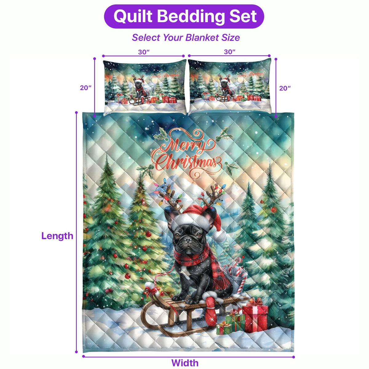 Merry Christmas Santa Reindeer Antlers French Bulldog Sleigh Xmas Winter Holiday Quilt Bedding Set Dog Lover Gifts 1 Blanket Bed Cover 2 Pillowcases - 00023