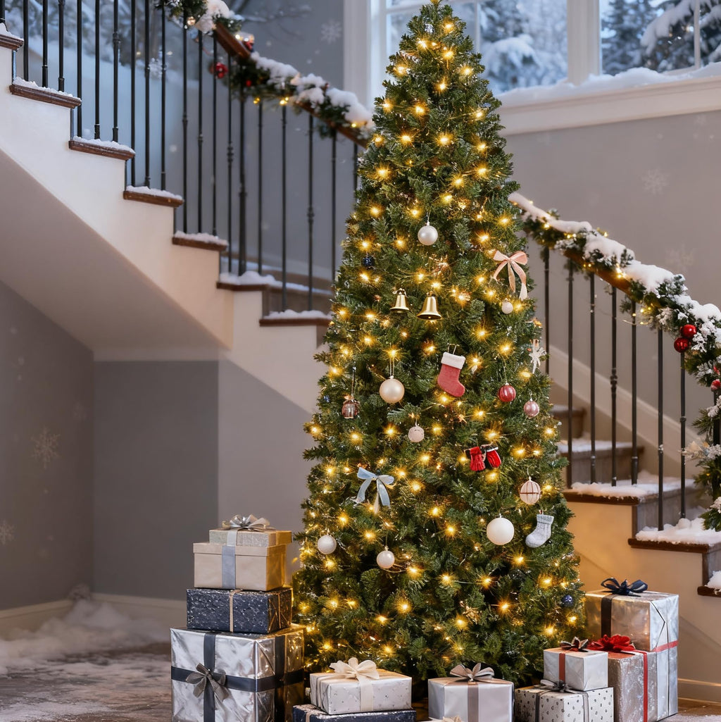 9ft Pre-Lit Slim Artificial Christmas Tree, Hinged Xmas Tree with Hinged Structure & Metal Stand for Home, Shops and Holiday Decoration