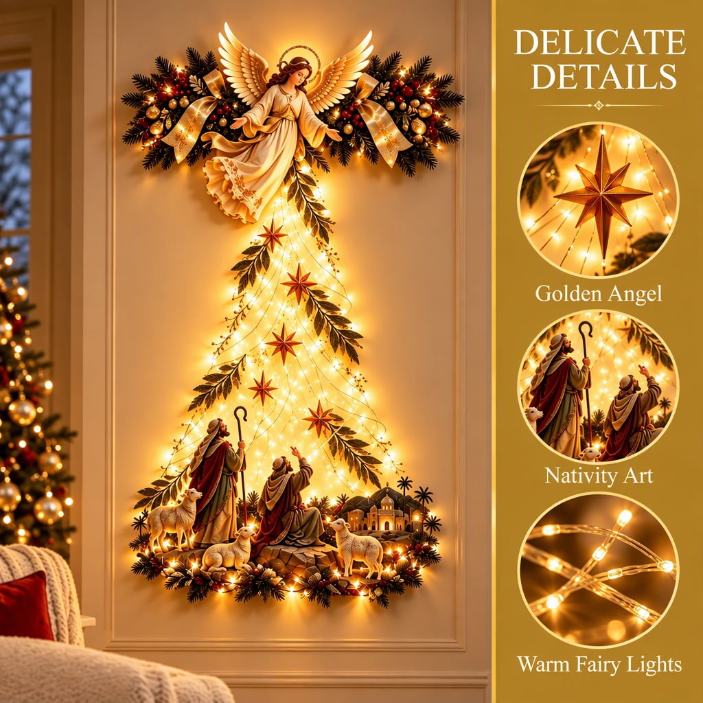 Bethlehem Star of Faith Lighted Nativity Wall Decor, Warm LED Christmas Hanging, Gold, Indoor Outdoor, Meaningful Holiday Gift C