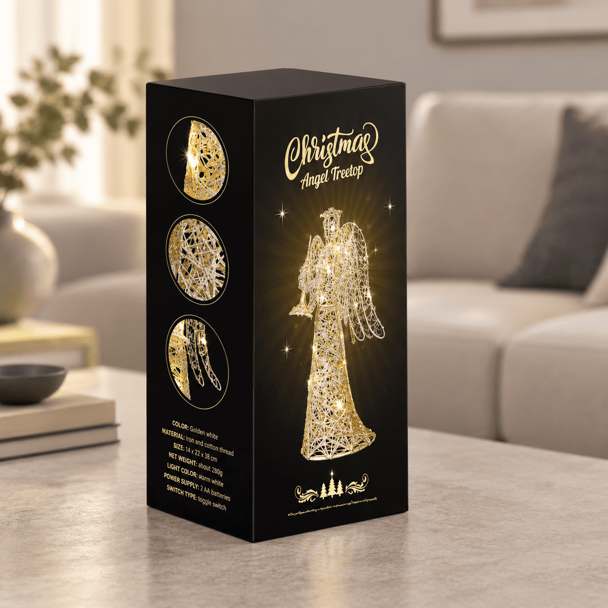 LED Angel Christmas Tree Topper, 12 Inch, Iron Alloy Holiday Decoration for Trees, Desks, and Shelves