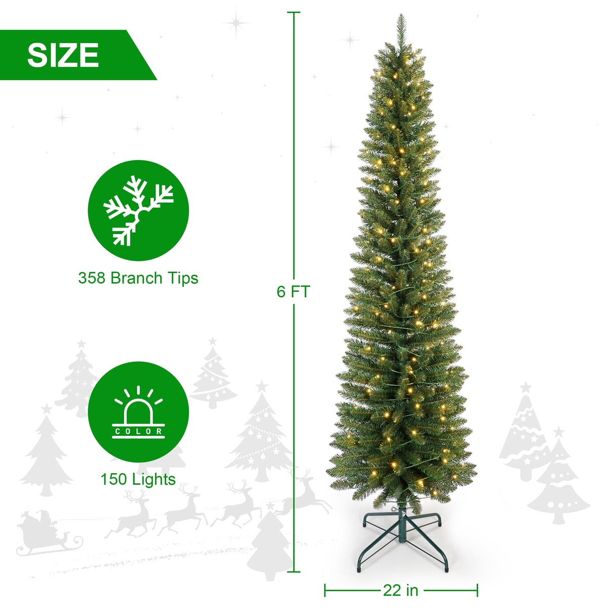 Bringstar 6FT Pre-Lit Pencil Christmas Tree,Green Artificial Xmas Trees, 150 LED Warm White Lights