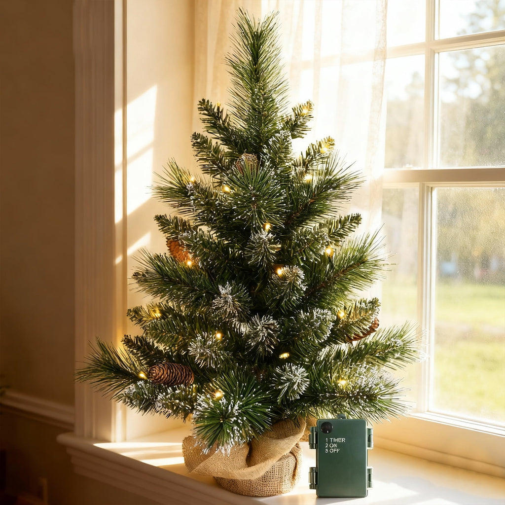 Bringstar 2FT Pre-Lit Artificial Mini Christmas Tree, Snow Tipped Tabletop Xmas Tree with 35 LED Lights, Pine Cones & Burlap Base