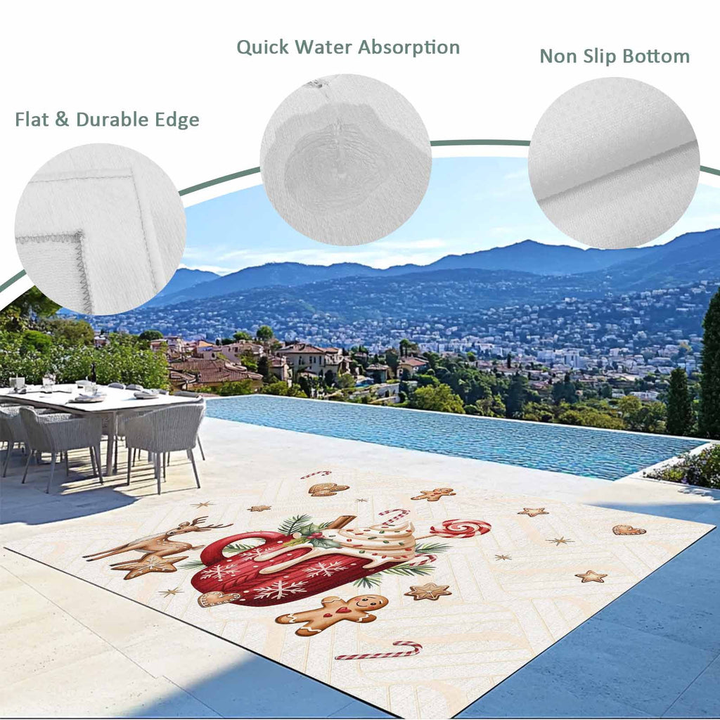 Christmas Outdoor Rug for Patio/Deck/Porch, Non-Slip Large Area Rug 6 x 9 Ft, Xmas Deer Ice Cream Cookies Candy Pine Needles Indoor Outdoor Rugs Washable Area Rugs, Camping Rug Carpet Runner