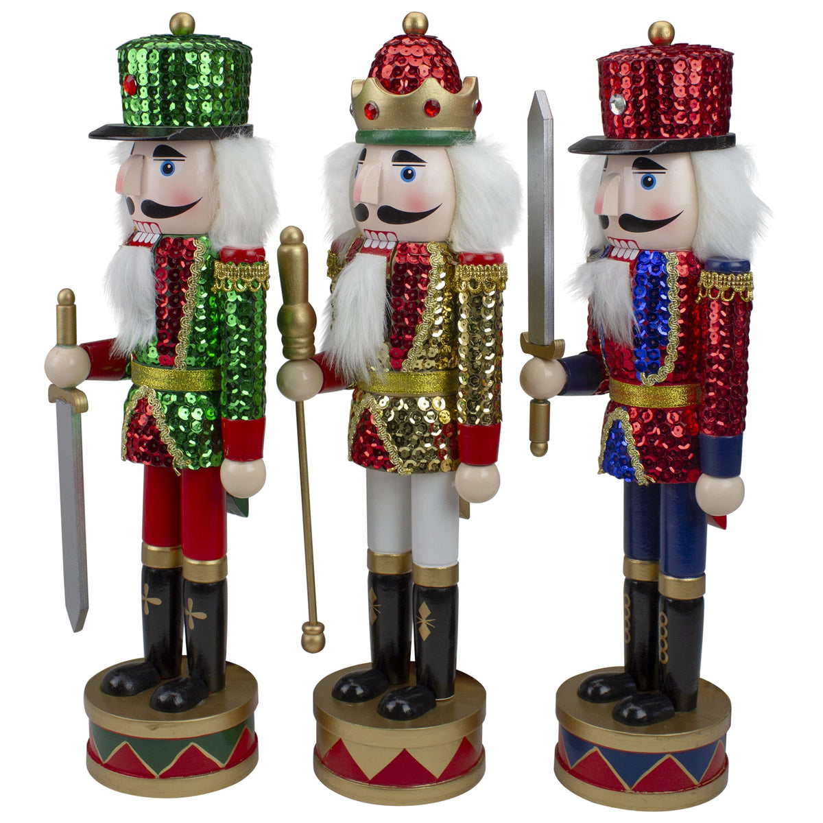 Nutcracker Factory Set of 3 Red Sequin Jacket Wooden Christmas Nutcrackers 14.25"
