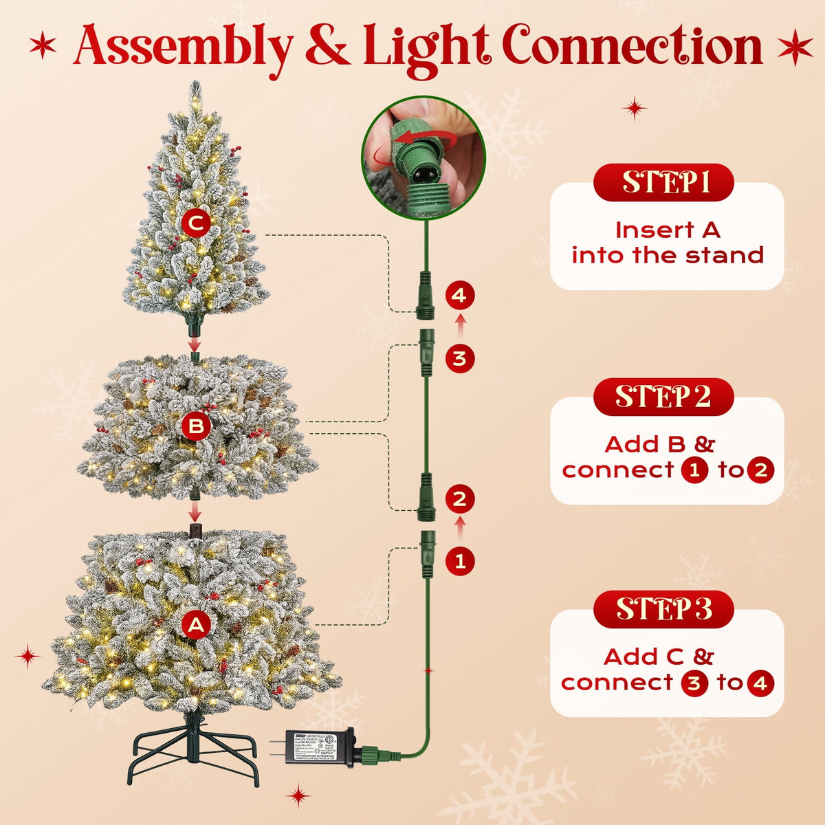 Goosiay Artificial Christmas Tree Pre-Lit Flocked Hinged with Red Berries & Pinecones, 350 Warm White & Multicolor LED Lights, 7 ft