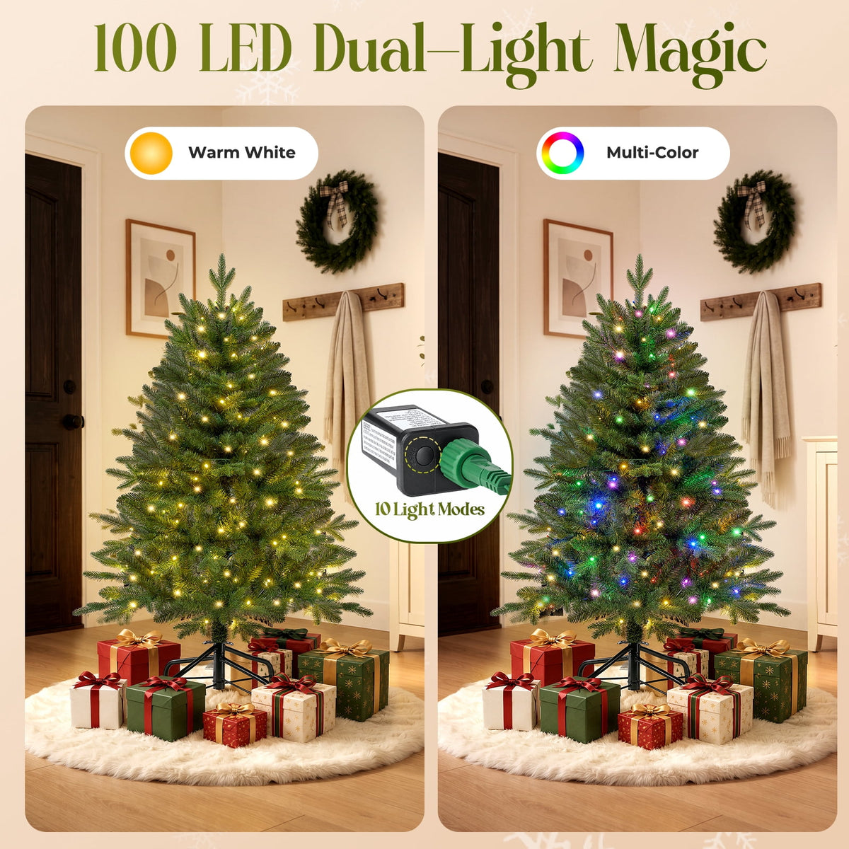 Goosiay Pre-Lit Hinged Artificial Christmas Tree with 100 Warm White and Multicolor LED Lights, PE & PVC Mixed Tips, 4 ft