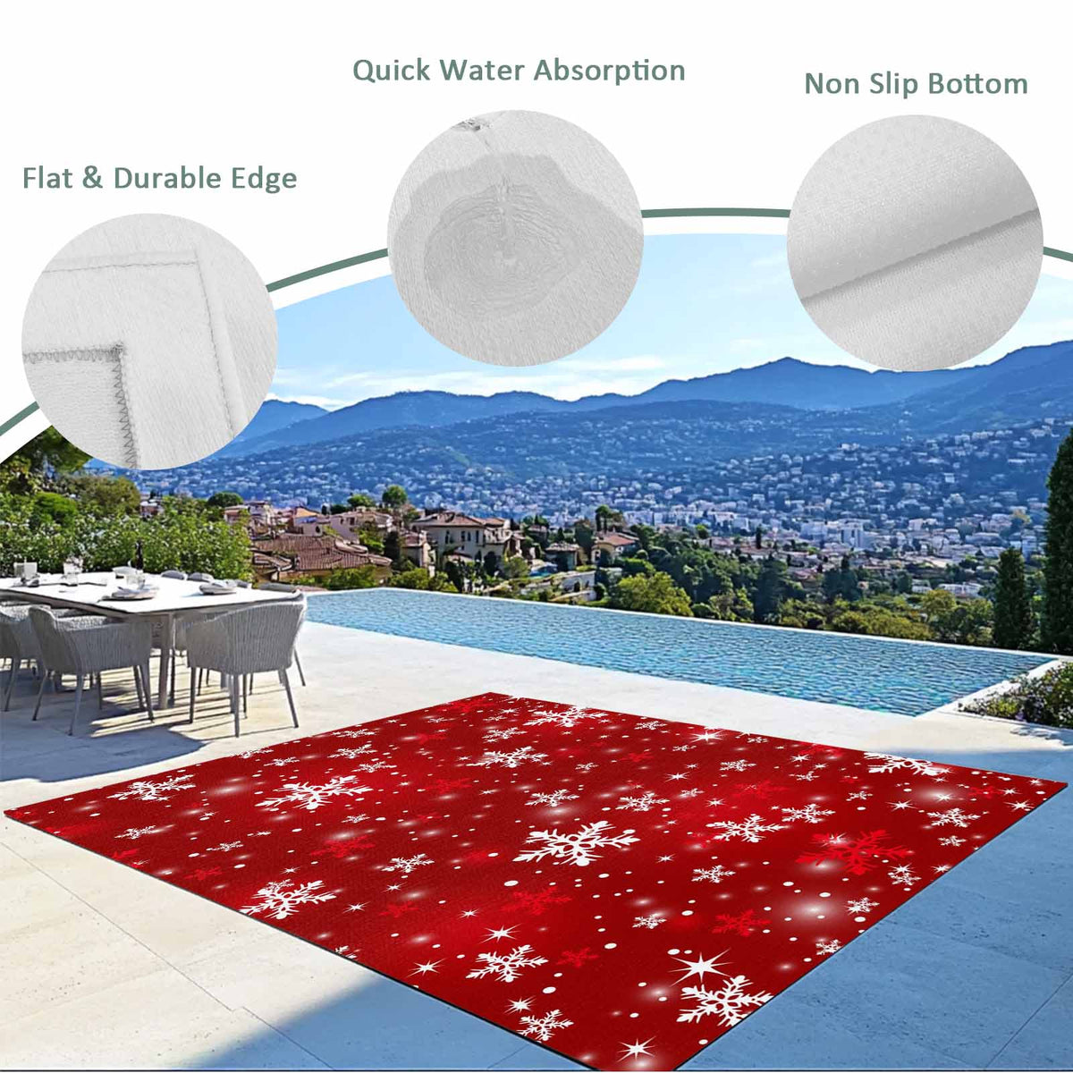 Fsddascl Red Snowflake Christmas Outdoor Rug for Patio/Deck/Porch, Non-Slip Large Area Rug 4 x 6 Ft, Winter Xmas Snowflake Indoor Outdoor Rugs Washable Area Rugs, Reversible Camping Rug Carpet Runner