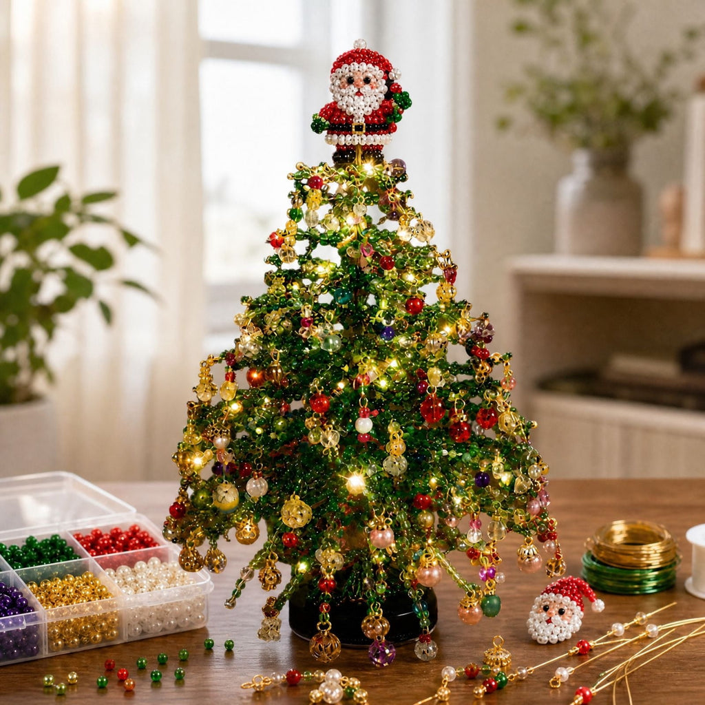 DIY Beaded Christmas Tree Kit - Handmade Mini Tabletop Xmas Tree with Santa Topper, Built-In Warm Lights, Holiday Decor Craft Gift for Adults