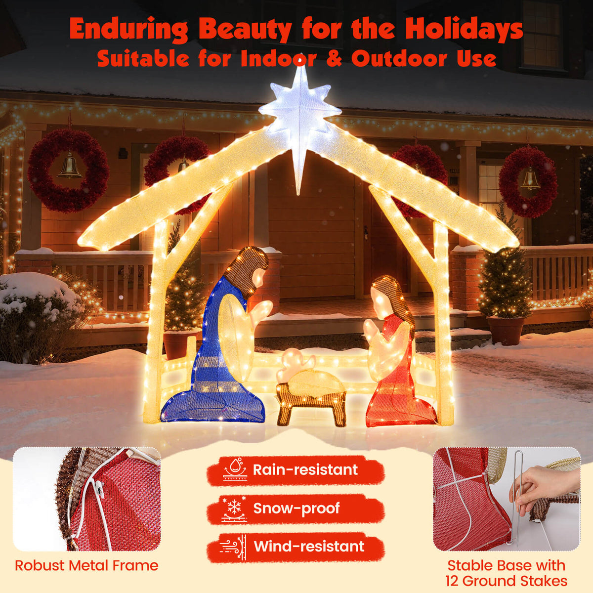 Costway 4 Ft Lighted Nativity Scene with 272 Warm & Cold White LED Lights, Ground Stakes