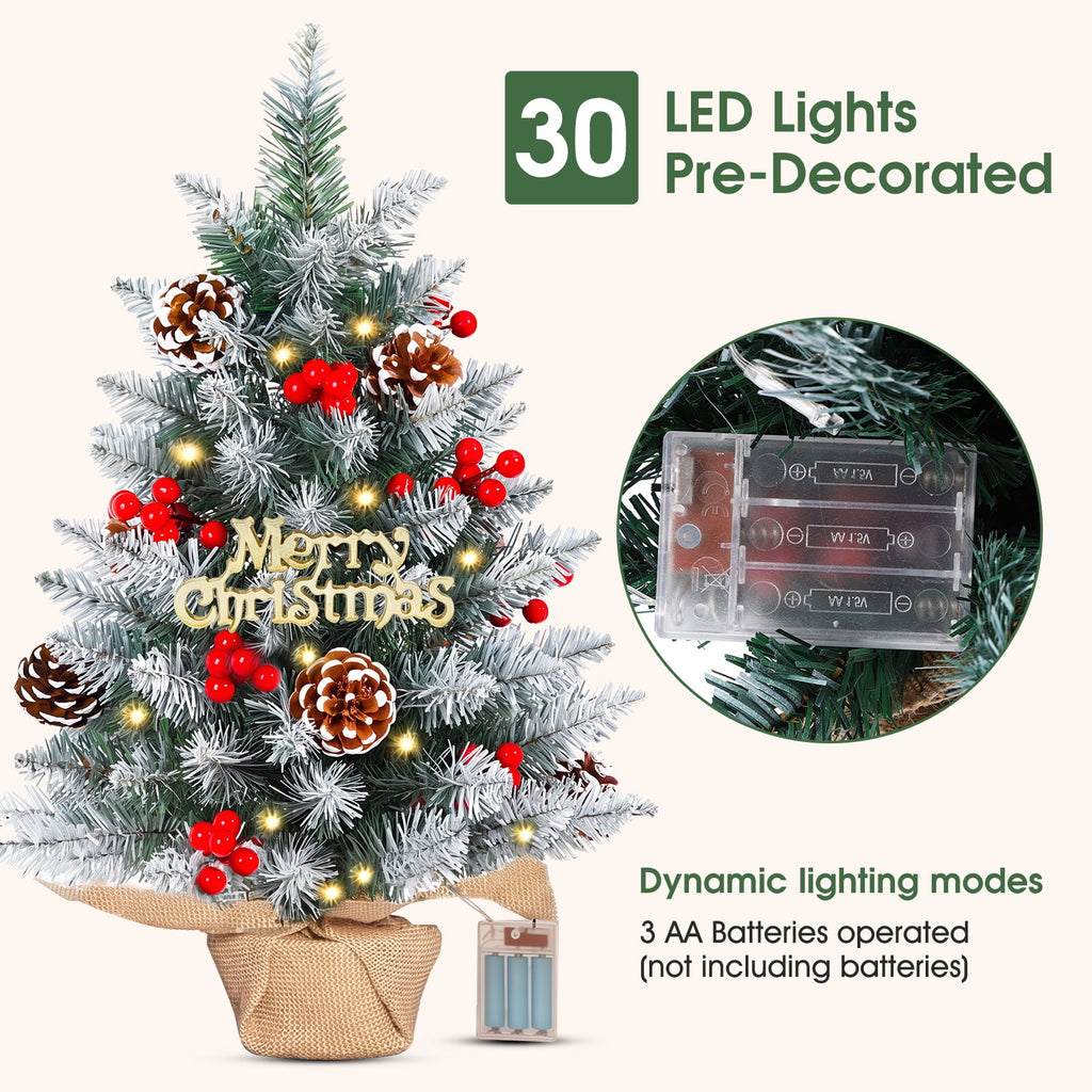 22" Mini Christmas Tree with 30 LEDs, Red Berries & Pinecones, DIY Kit, Battery Powered Tabletop Tree Christmas Decorations Gifts for Dorms, Offices, Home, Classrooms Desks & Small Spaces