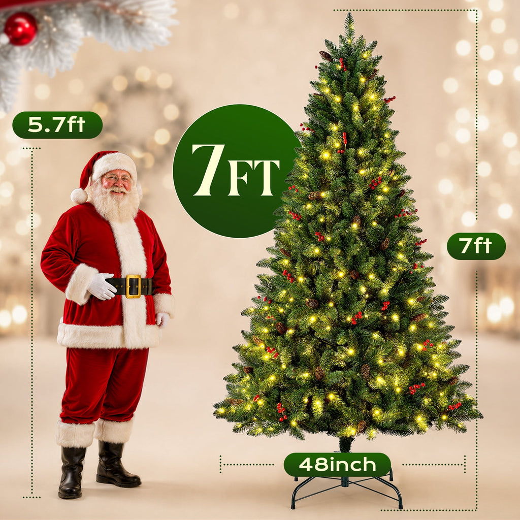 Goosiay Artificial Christmas Tree Pre-Lit Flocked Hinged with Red Berries & Pinecones, 350 Warm White & Multicolor LED Lights, 7 ft