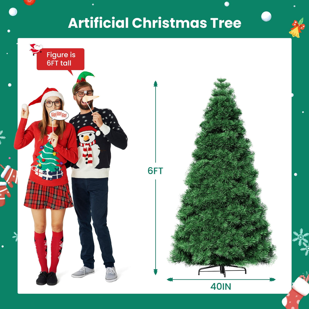 6ft Christmas Tree, Pre-lit Artificial Spruce Christmas Trees with Led Light, Hinged Spruce Xmas Tree for Home, Office, Party