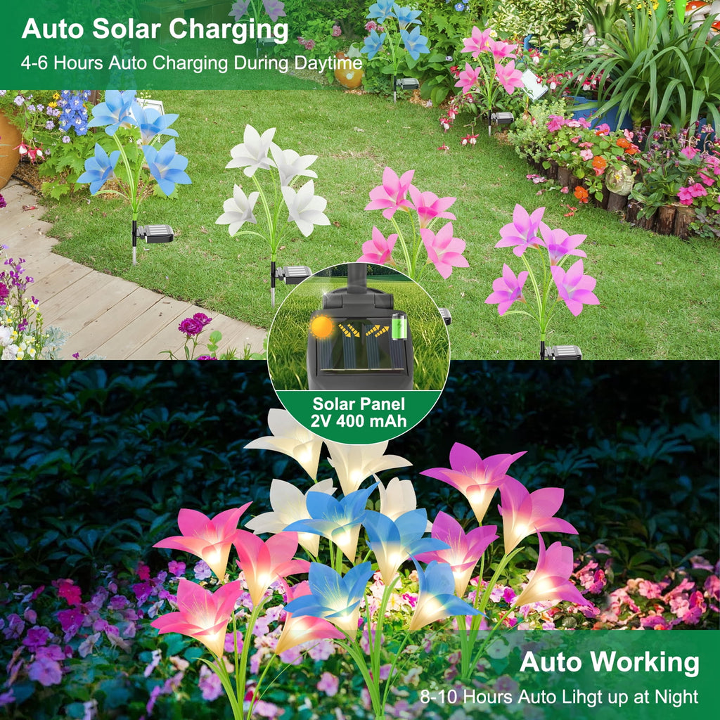 Solar Garden Lights Outdoor Decor, Lily Flower Garden Stake Lights Waterproof, 4 PCS LED Solar Lights Solar Powered for Outside Patio Garden Pathway Yard Decoration, Color Changing