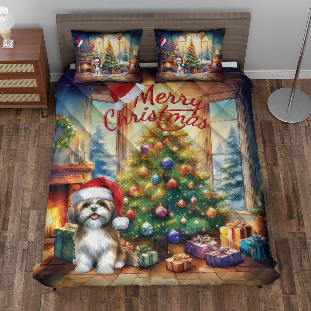 Merry Christmas French Bulldog Santa Hat Xmas Tree Winter Holiday Quilt Bedding Set Dog Lover Gifts 1 Blanket Bed Cover 2 Pillowcases - 01013