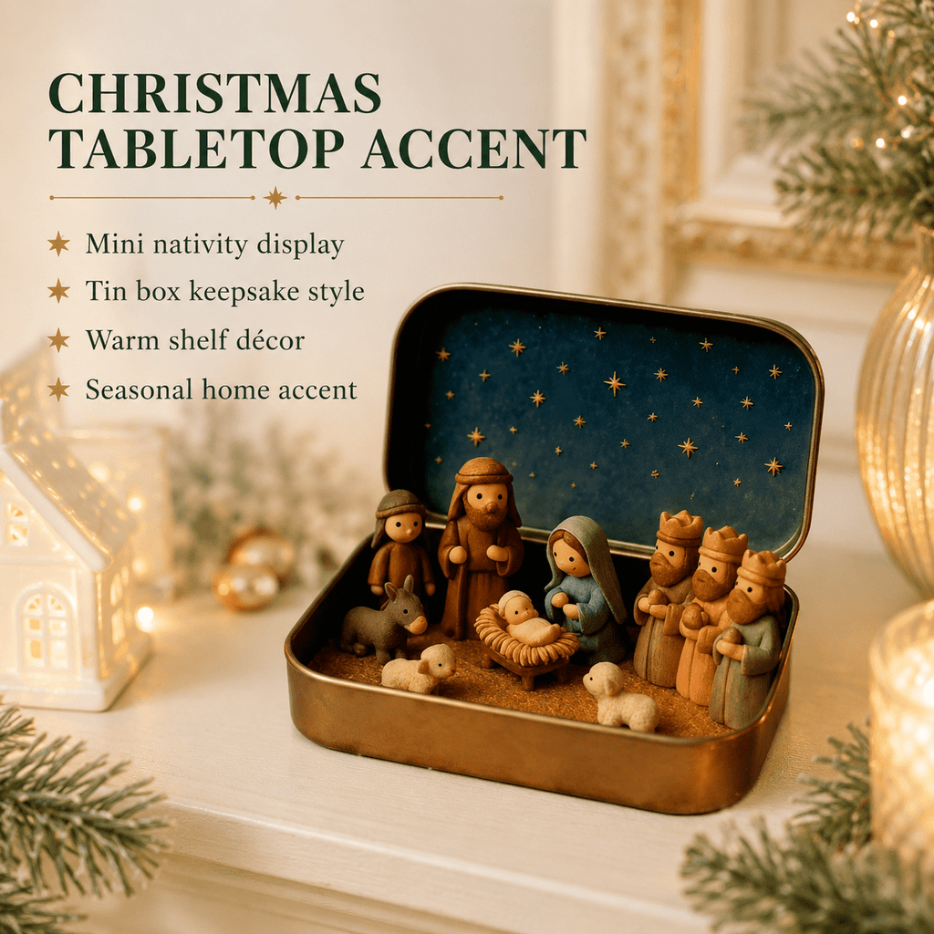 Christmas Nativity Scene in a Tin Mini Manger Scene Portable Tin Box Tabletop Decor for Mantel Shelf Fireplace Desk Holiday Decoration